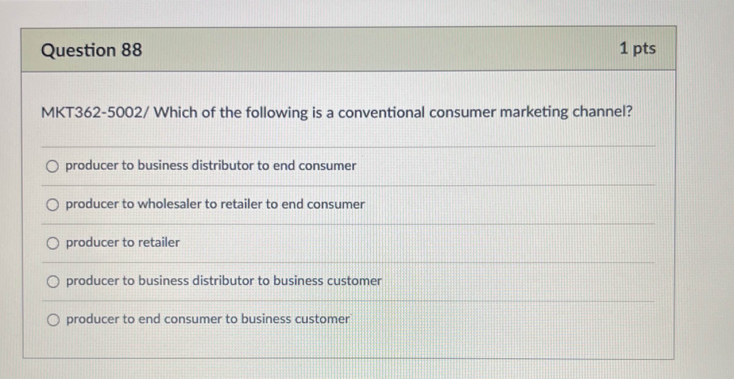  Question 88 1 pts MKT362-5002/ Which of the following is a