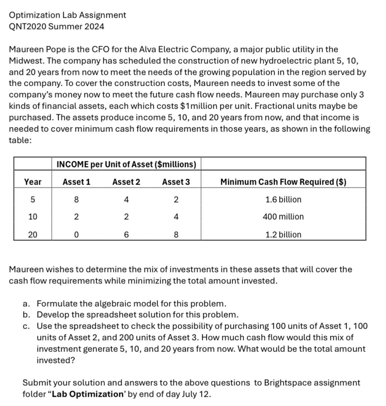  Optimization Lab Assignment QNT2020 Summer 2024 Maureen Pope is the CFO