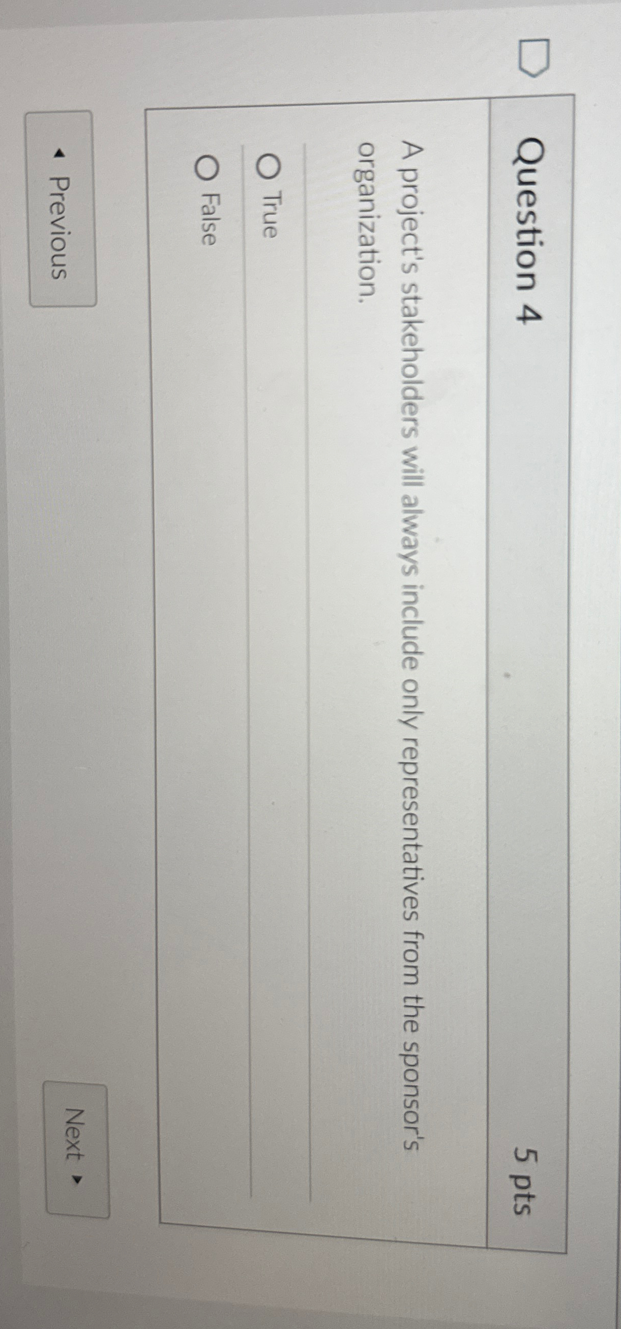  Question 4 5 pts A project's stakeholders will always include only