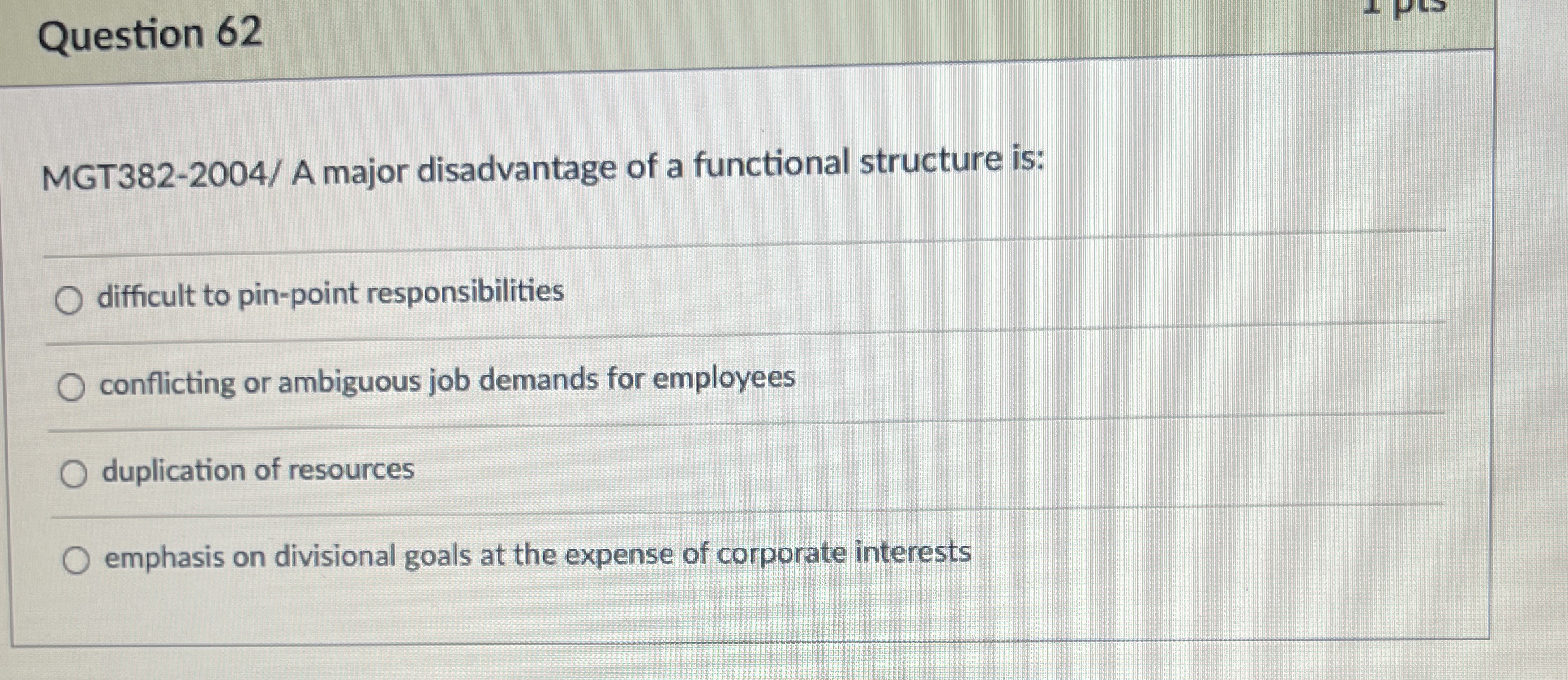  Question 62 MGT382-2004/ A major disadvantage of a functional structure is: