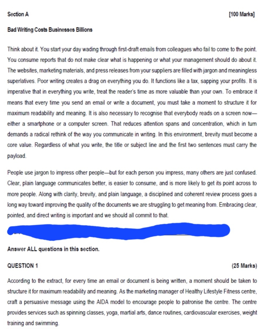  Section A [100 Marks] Bad Writing Costs Businesses Billions Think about
