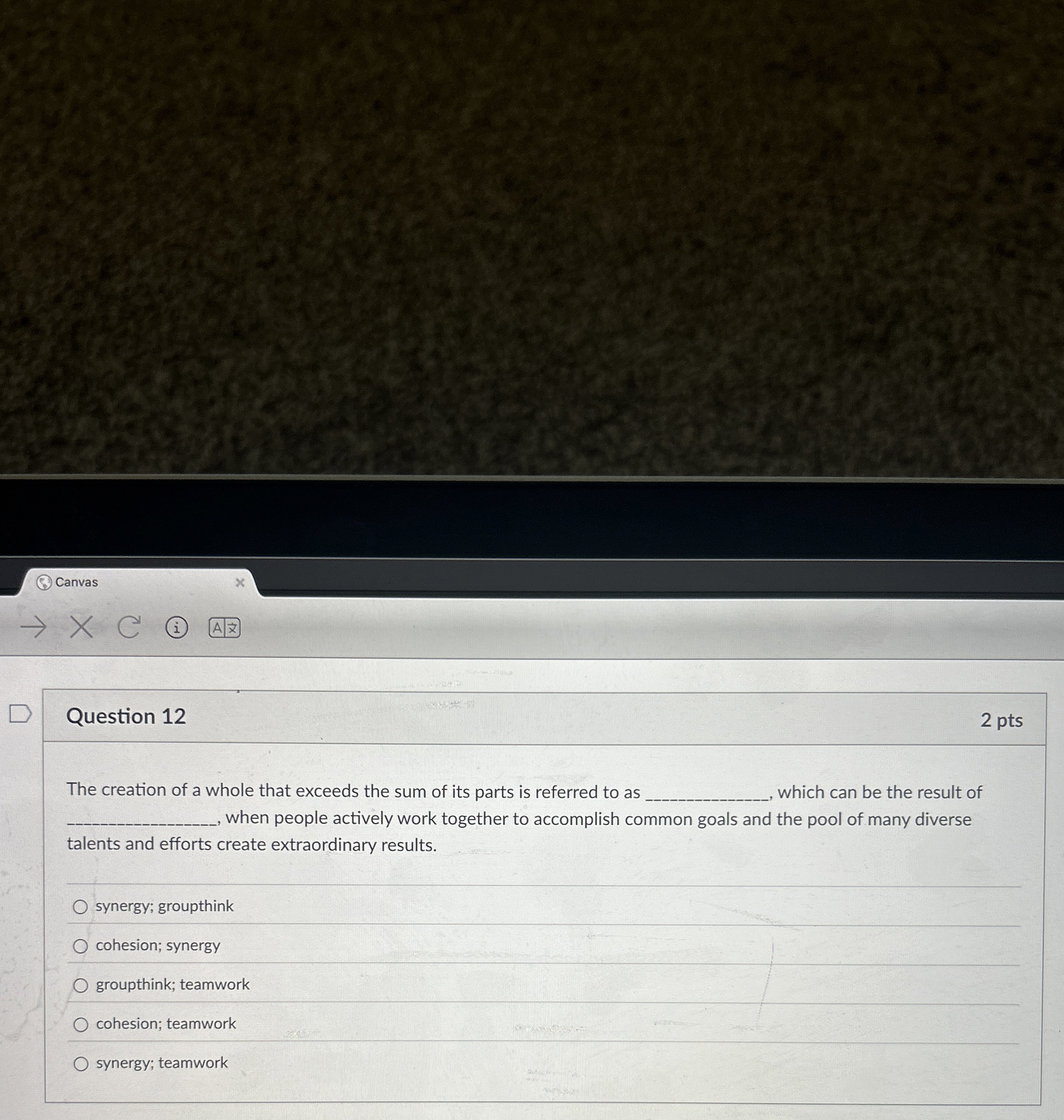  Canvas x . (i) A Question 12 2 pts The creation