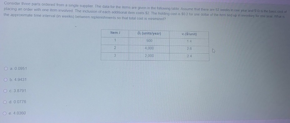  Consider three parts ordered from a single supplier. The data for