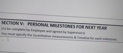  SECTION V: PERSONAL MILESTONES FOR NEXT YEAR (To be complete by