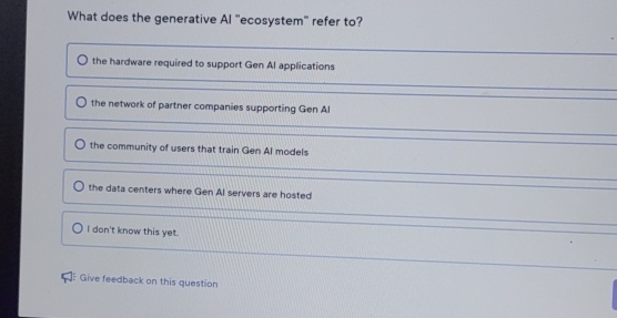  What does the generative Al "ecosystem" refer to? the hardware required