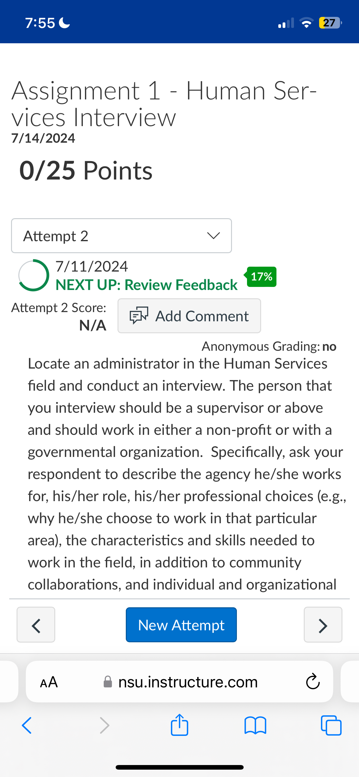  7:55 27 Assignment 1- Human Services Interview 714?2024 025 Points 711?2024