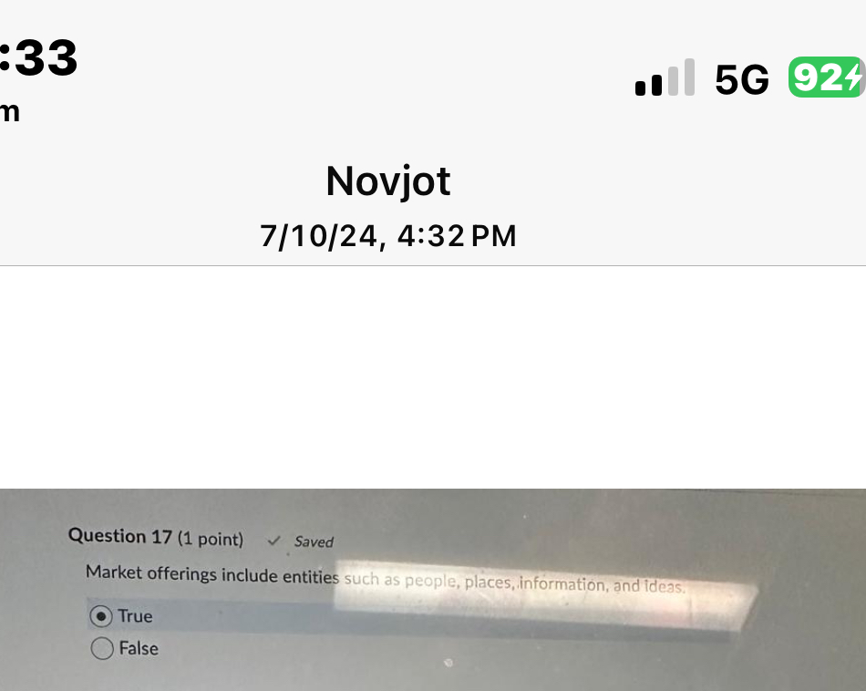 :33 |5 5G 924 Novjot 7/10/24,4:32 PM Question 17(1 point) Saved