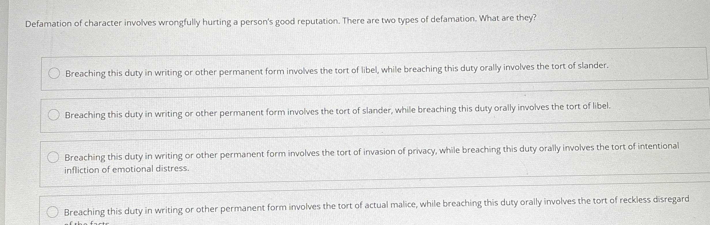  Defamation of character involves wrongfully hurting a person's good reputation. There