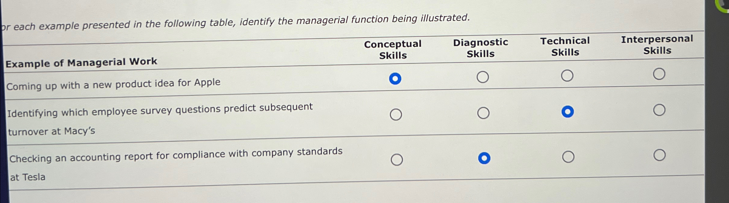  pr each example presented in the following table, identify the managerial