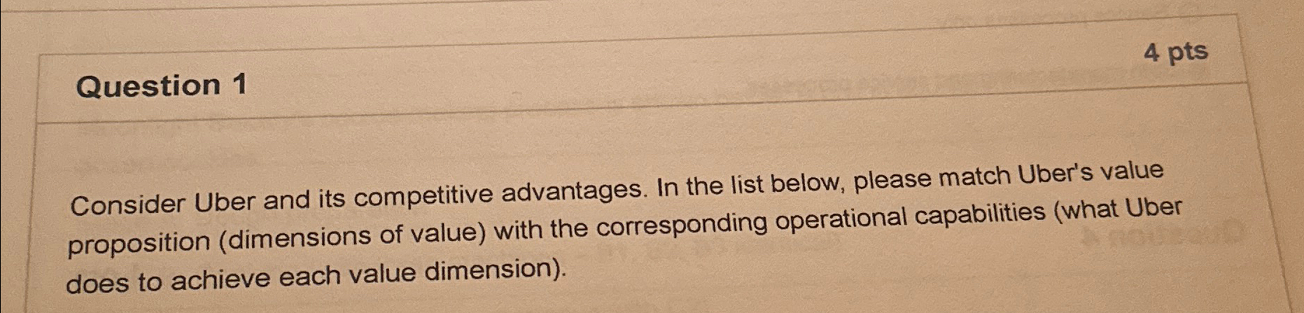  Question 1 4 pts Consider Uber and its competitive advantages. In