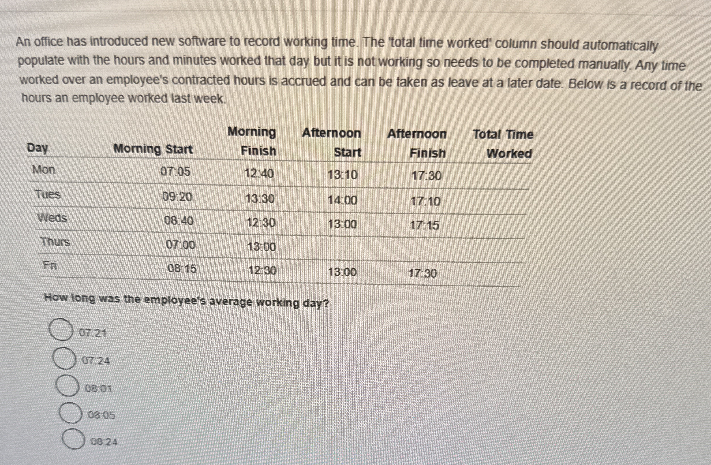  An office has introduced new software to record working time. The