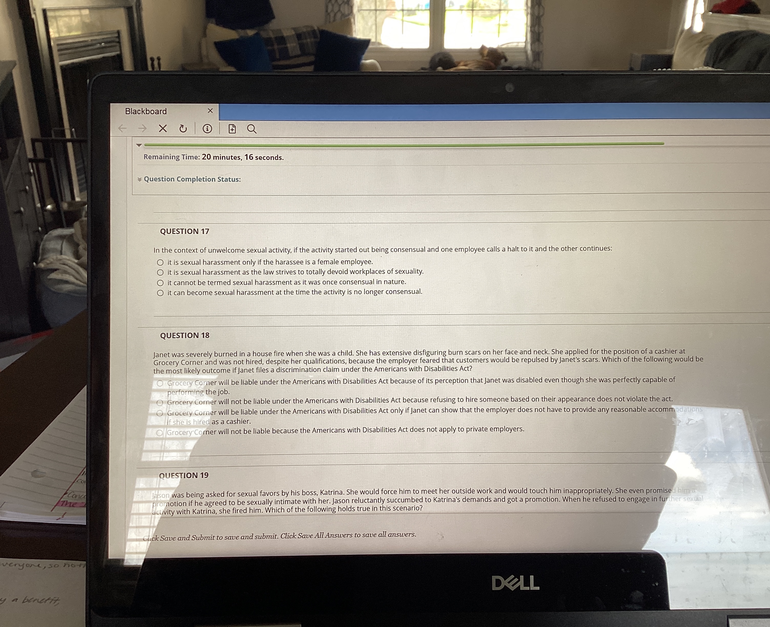  Remaining Time: 20 minutes, 16 seconds. AA Question Completion Status: QUESTION