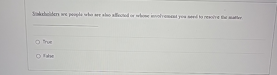  Stakeholders are people who are also affected or whose involvement you