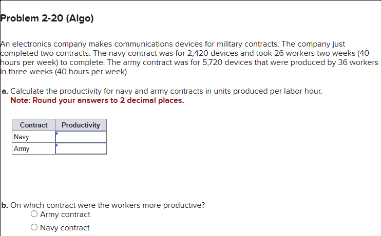  Problem 2-20(Algo) An electronics company makes communications devices for military contracts.