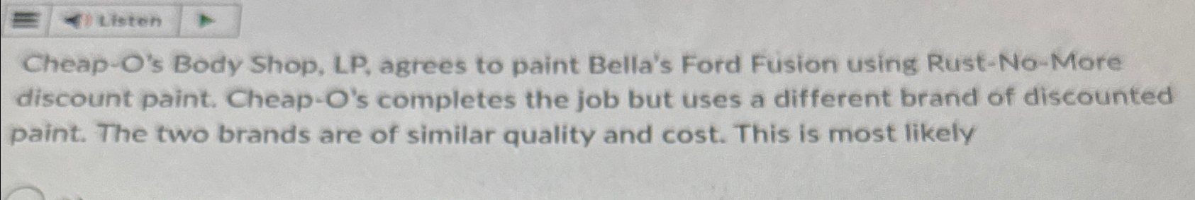  Cheap-O's Body Shop, LP, agrees to paint Bella's Ford Fusion using