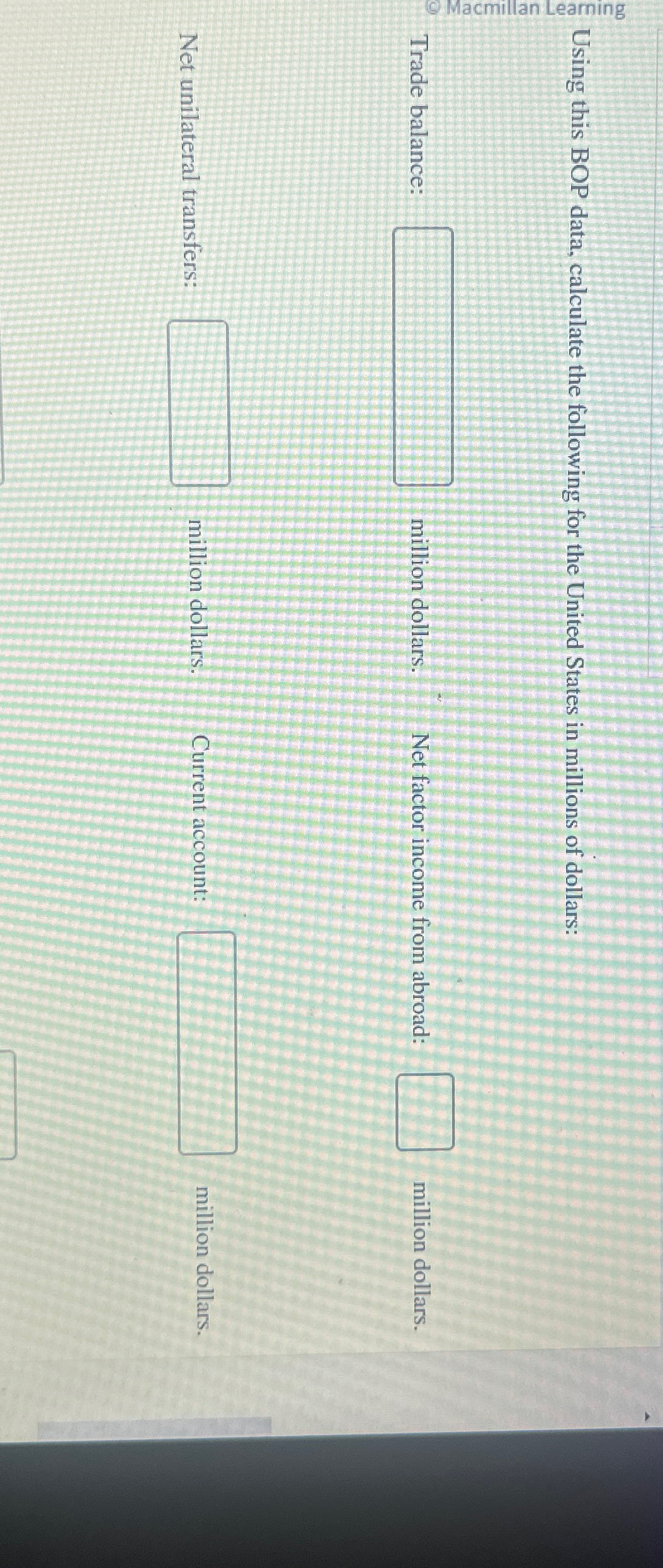  Using this BOP data, calculate the following for the United States