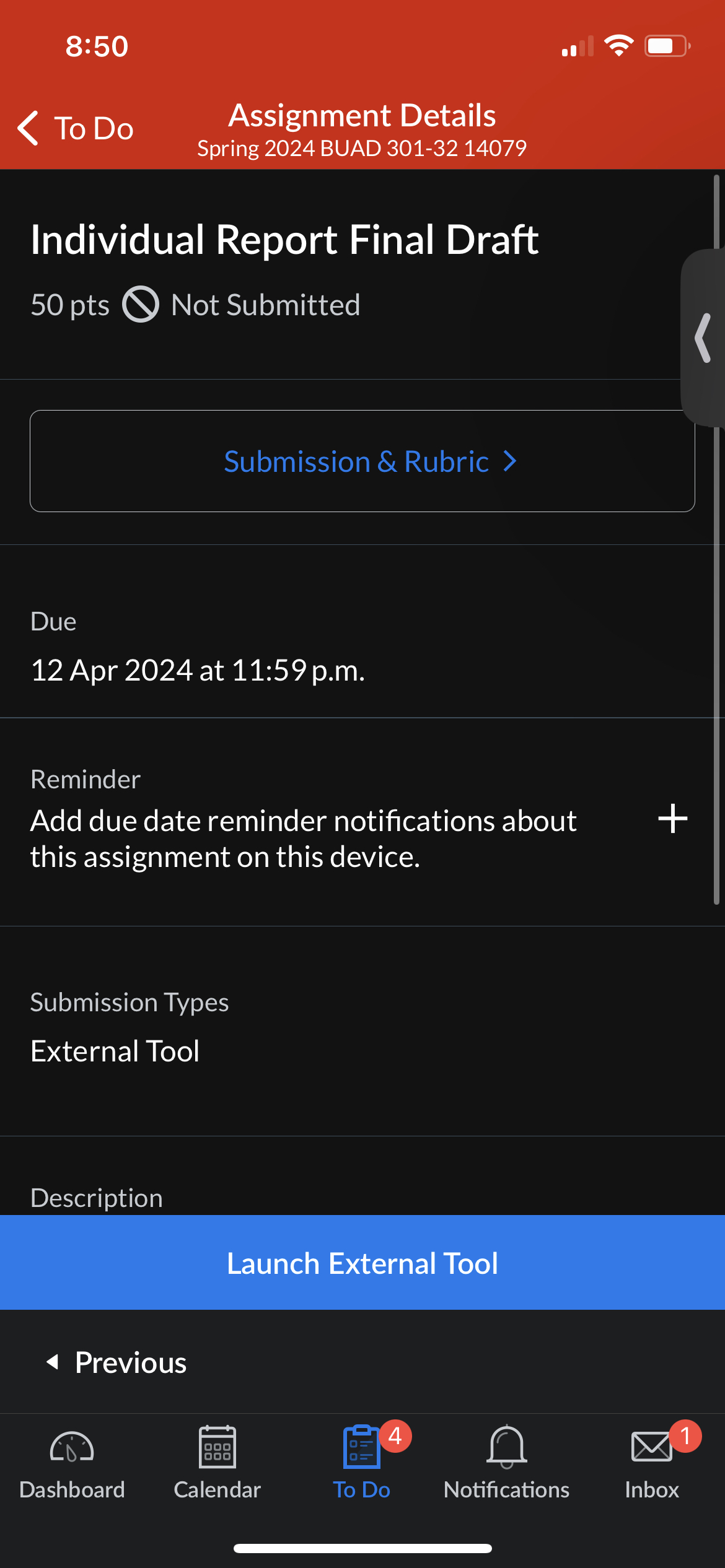  8:50 To Do Assignment Details Spring 2024 BUAD 301-3214079 Individual Report