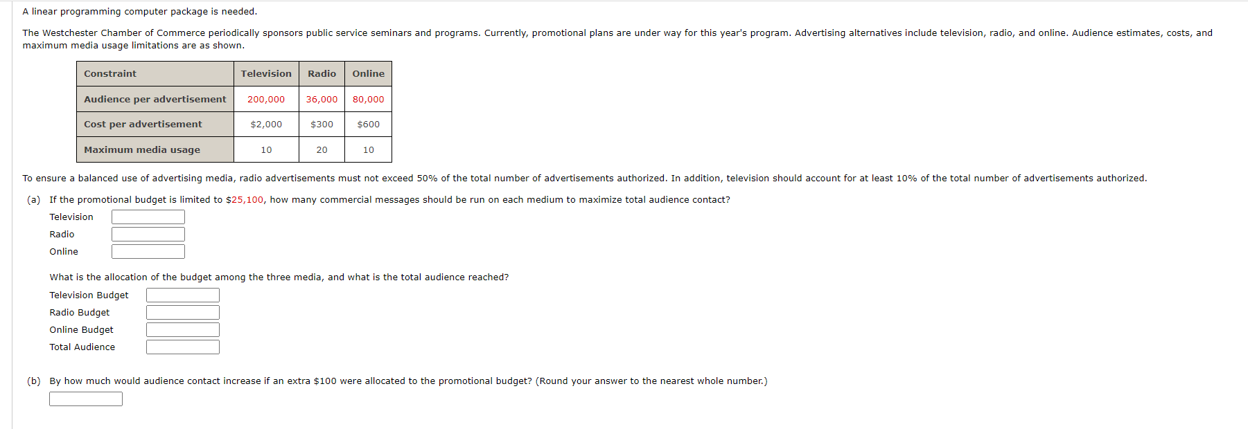  A linear programming computer package is needed. A linear programming computer