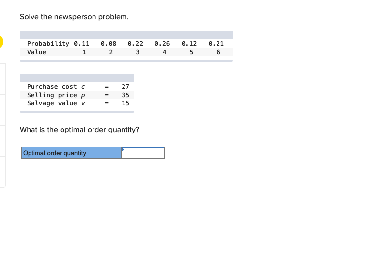  Solve the newsperson problem. What is the optimal order quantity? Optimal