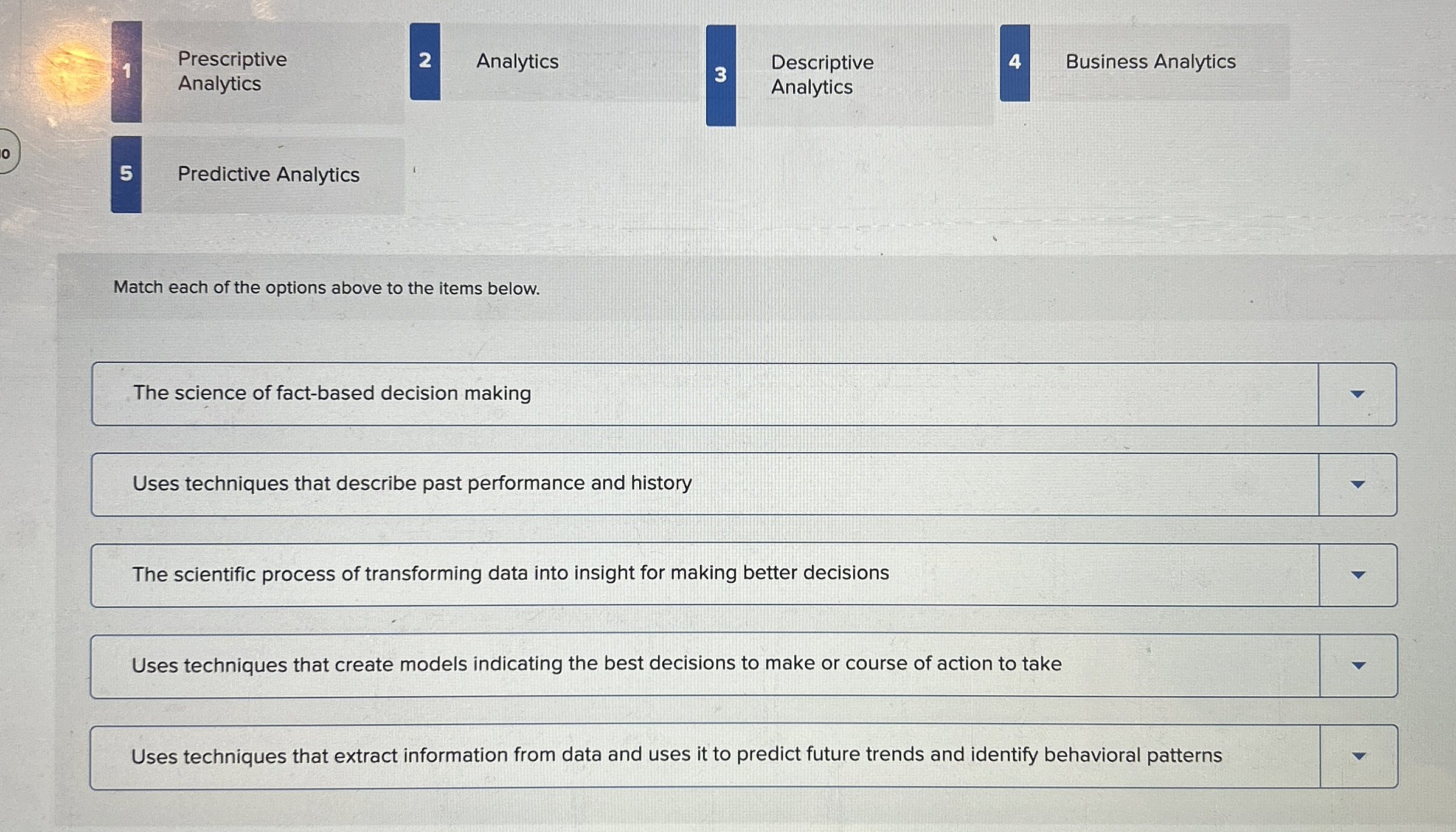  Prescriptive Analytics 5 Predictive Analytics Match each of the options above