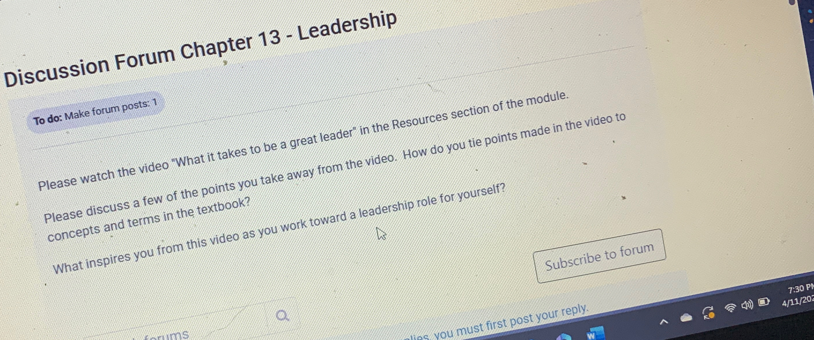  BUS-137-201 principles of management discussion Forum Chapter 13- Leadership To do: