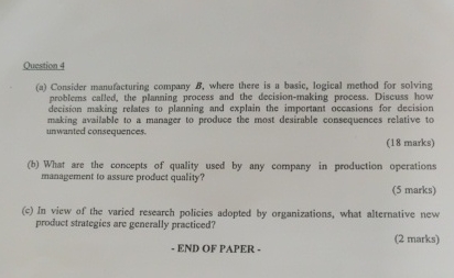  Question 4 (a) Consider manulacturing company B, where there is a