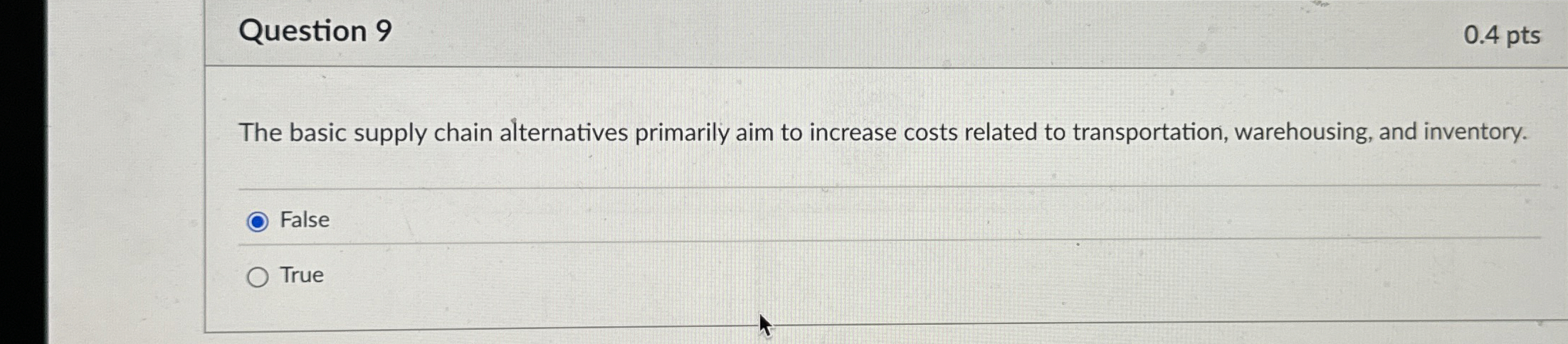  Question 9 0.4 pts The basic supply chain alternatives primarily aim