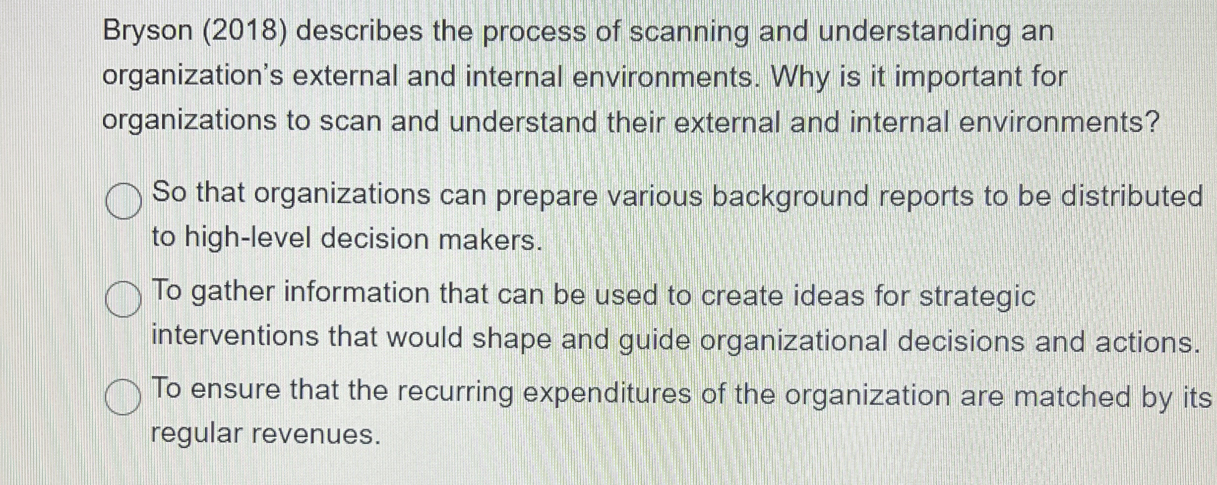  Bryson (2018) describes the process of scanning and understanding an organization's