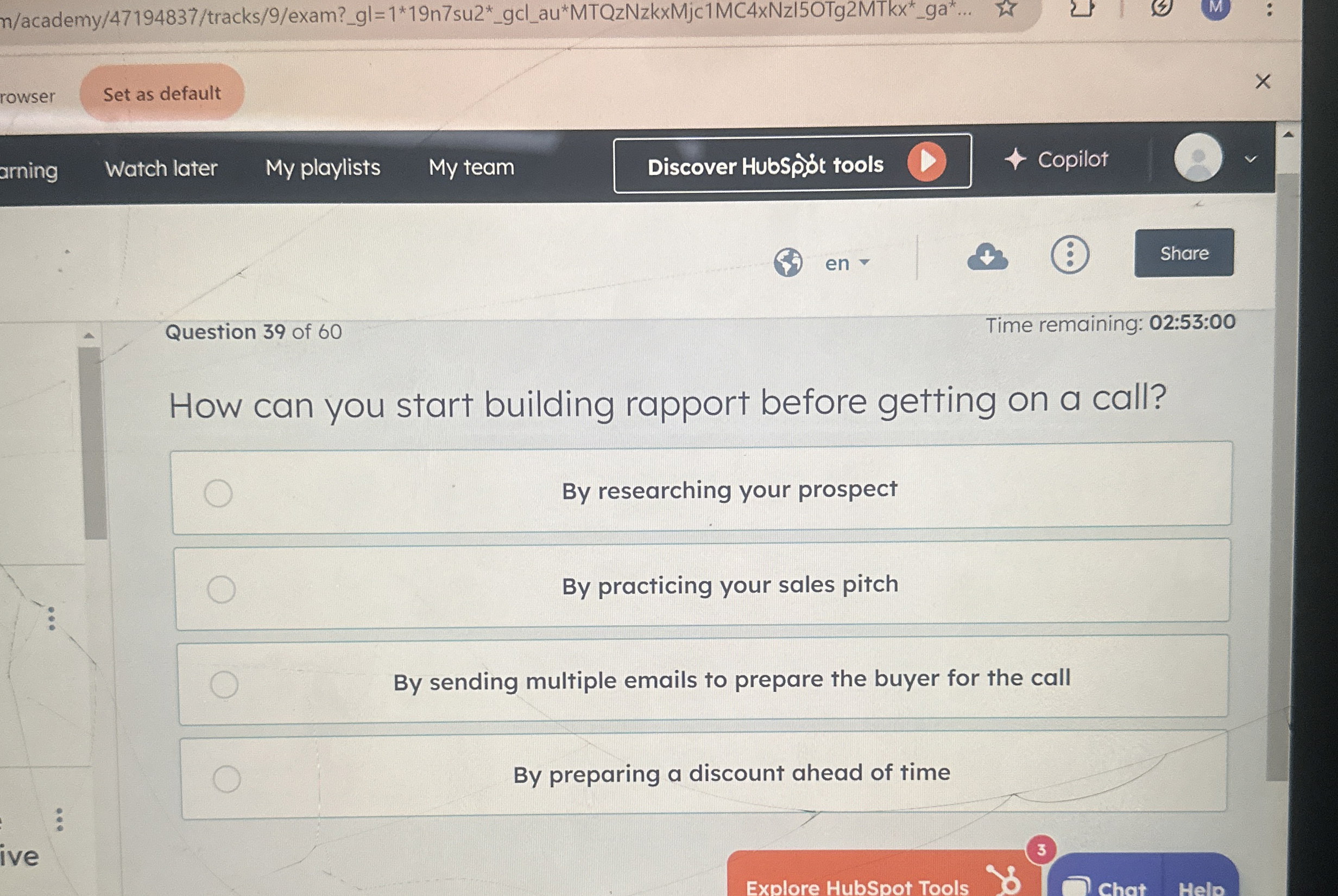  n/academy/47194837/tracks/9/exam?_gl=1_gcl_au_ga*... rowser Watch later My playlists My team Discover HubSpobt fools