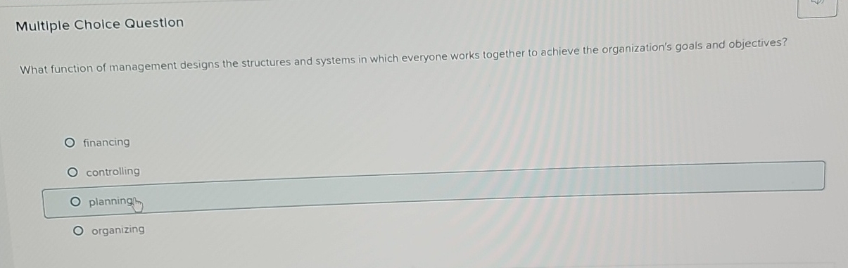  Multiple Cholce Question What function of management designs the structures and