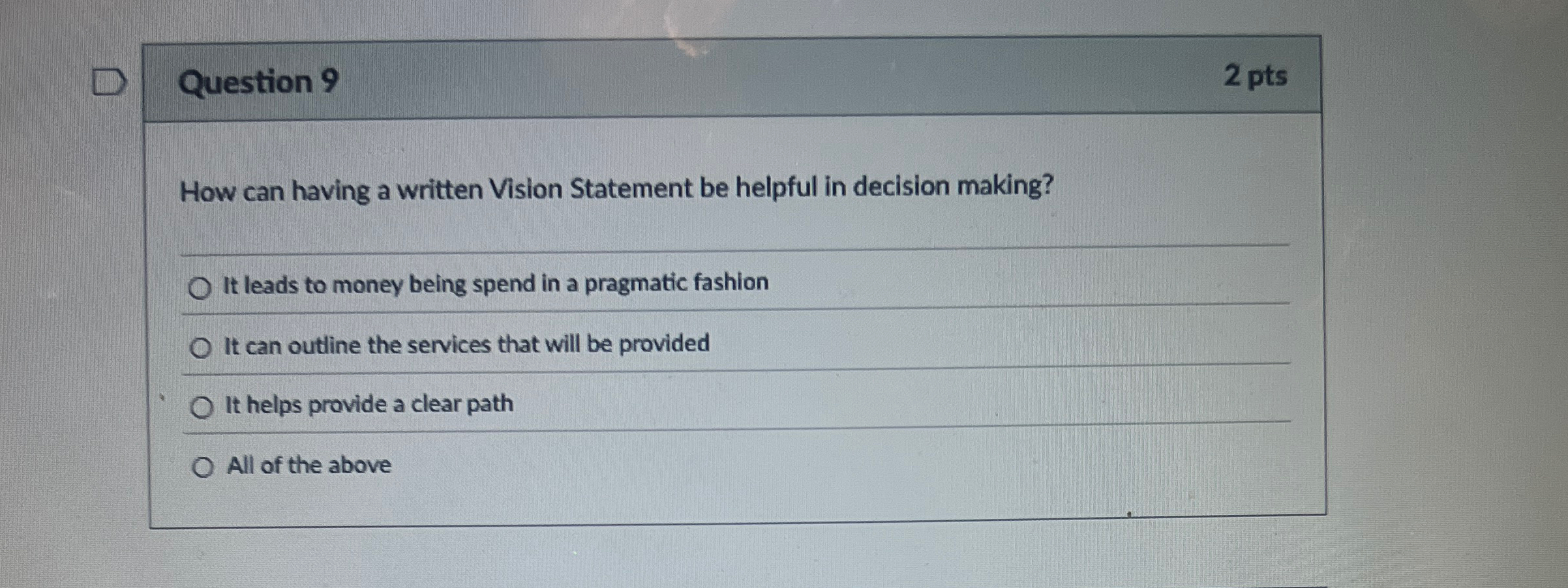  Question 9 How can having a written Vision Statement be helpful