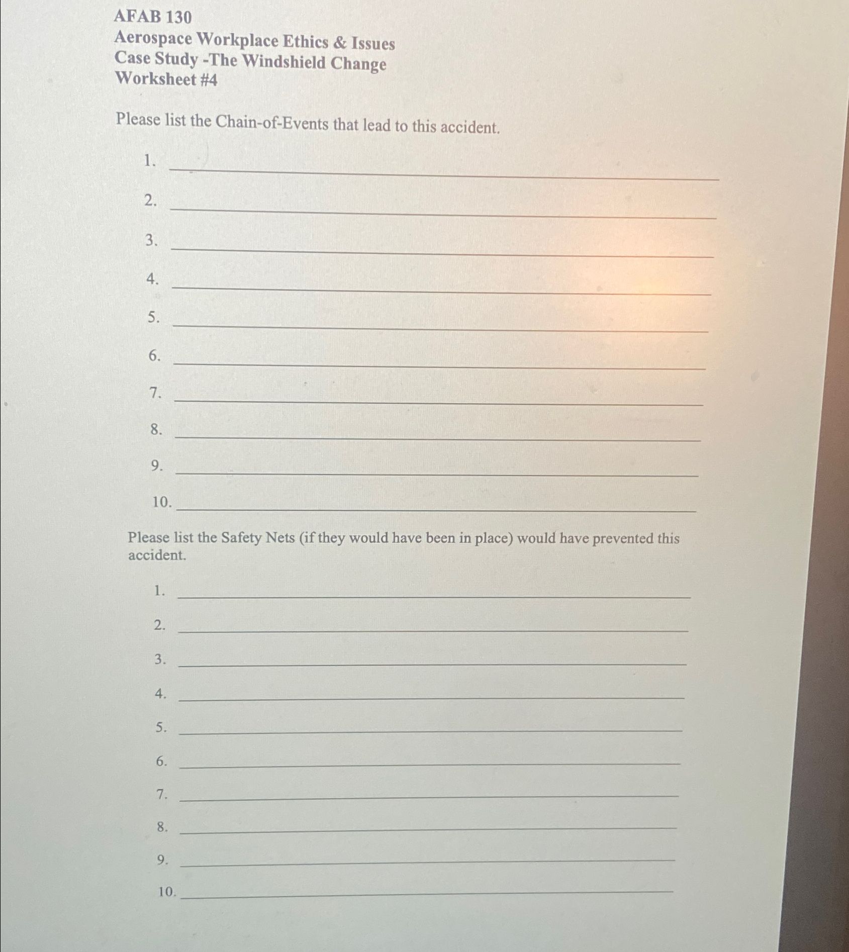  AFAB 130 Aerospace Workplace Ethics & Issues Case Study -The Windshield