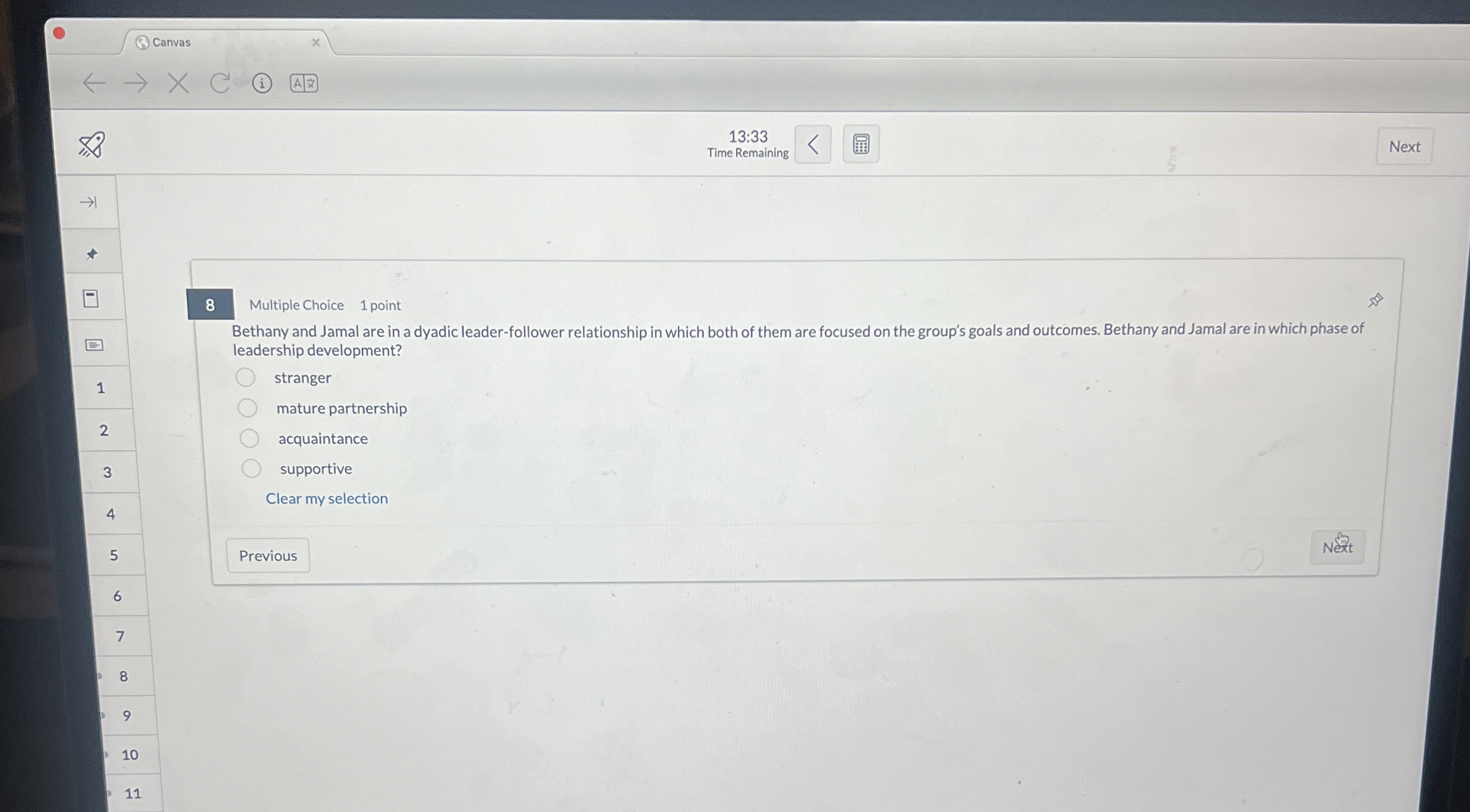  Canvas 13:33 Time Remaining 8 Multiple Choice 1 point Bethany and