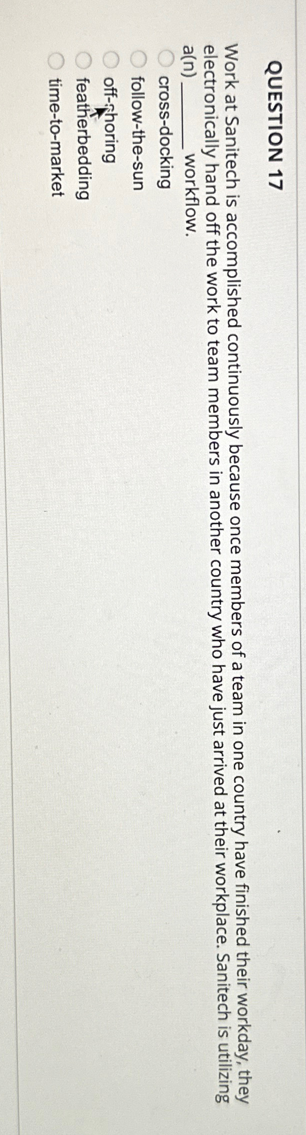 QUESTION 17 Work at Sanitech is accomplished continuously because once members