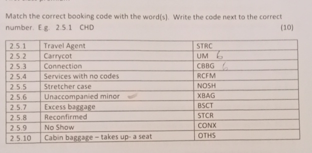  Match the correct booking code with the word(s). Write the code