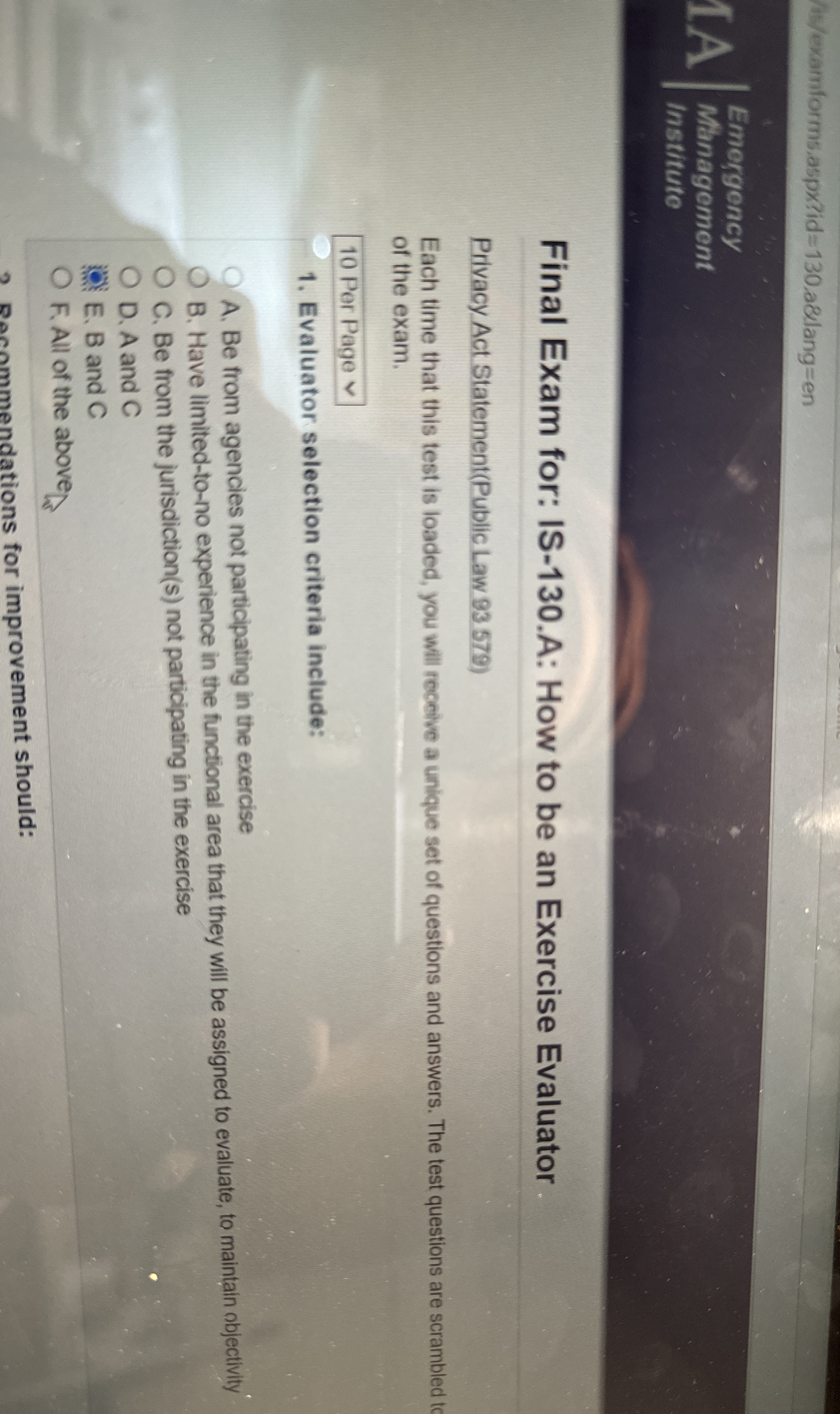  A:/examforms.aspx?id=130.a8lang=en Emergency Management Instituto Final Exam for: IS-130.A: How to be