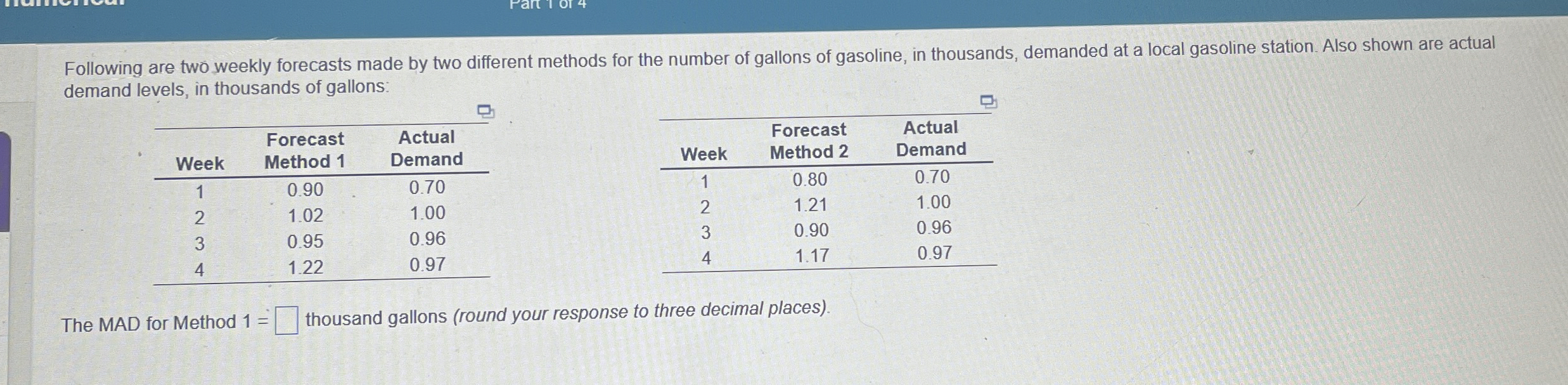  Following are two weekly forecasts made by two different methods for