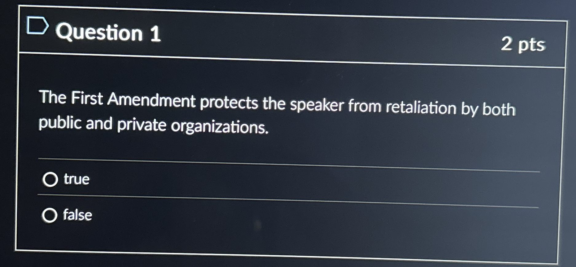  Question 1 2 pts The First Amendment protects the speaker from