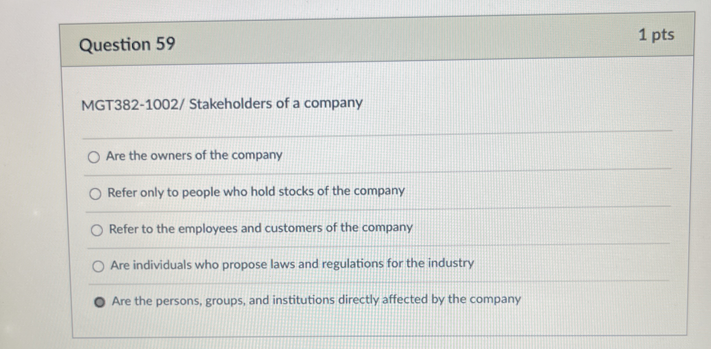 Question 59 1 pts MGT382-1002/ Stakeholders of a company Are the