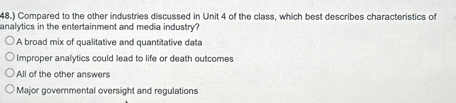  48.) Compared to the other industries discussed in Unit 4 of