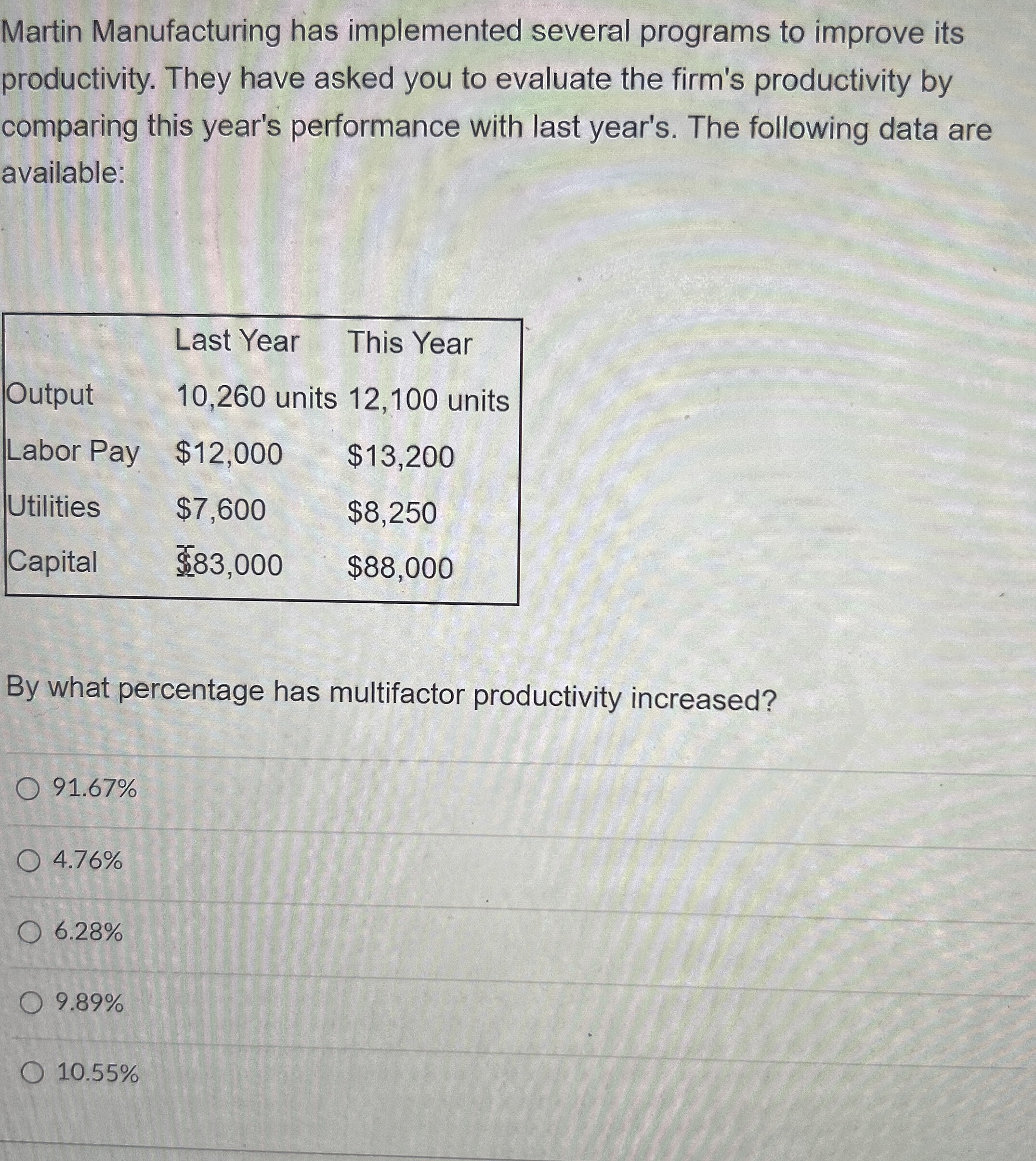  Martin manufacturing has implemented several programs to improve its productivity. They