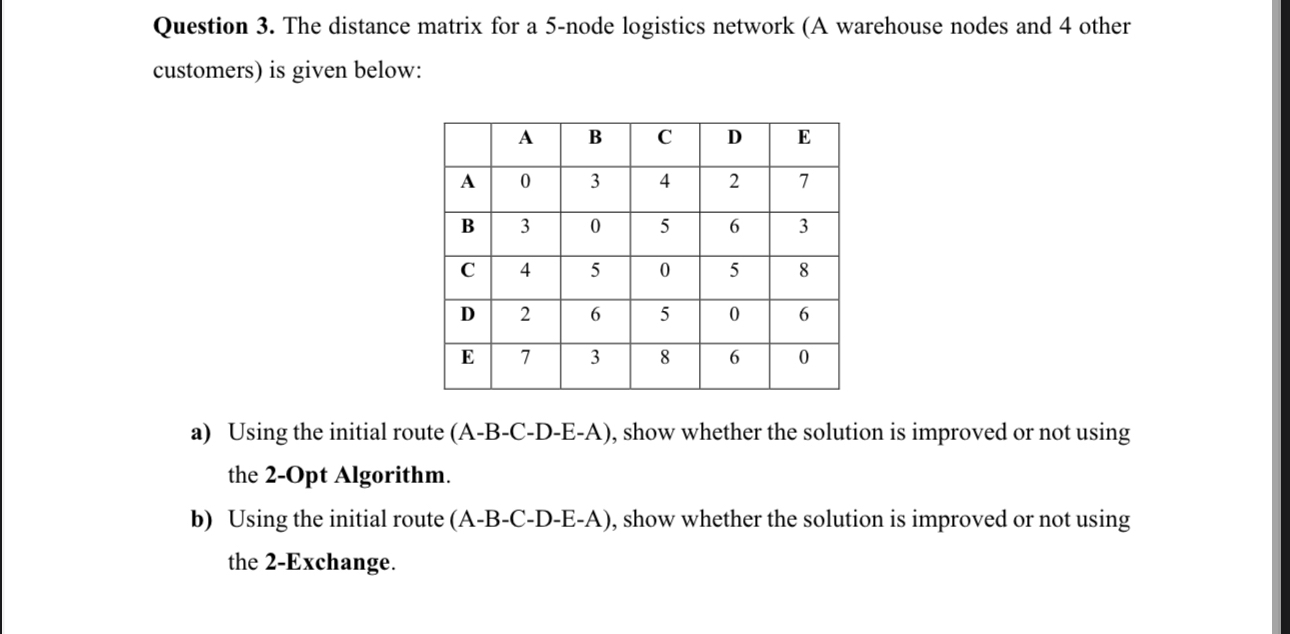 Question 3. The distance matrix for a 5-node logistics network (A