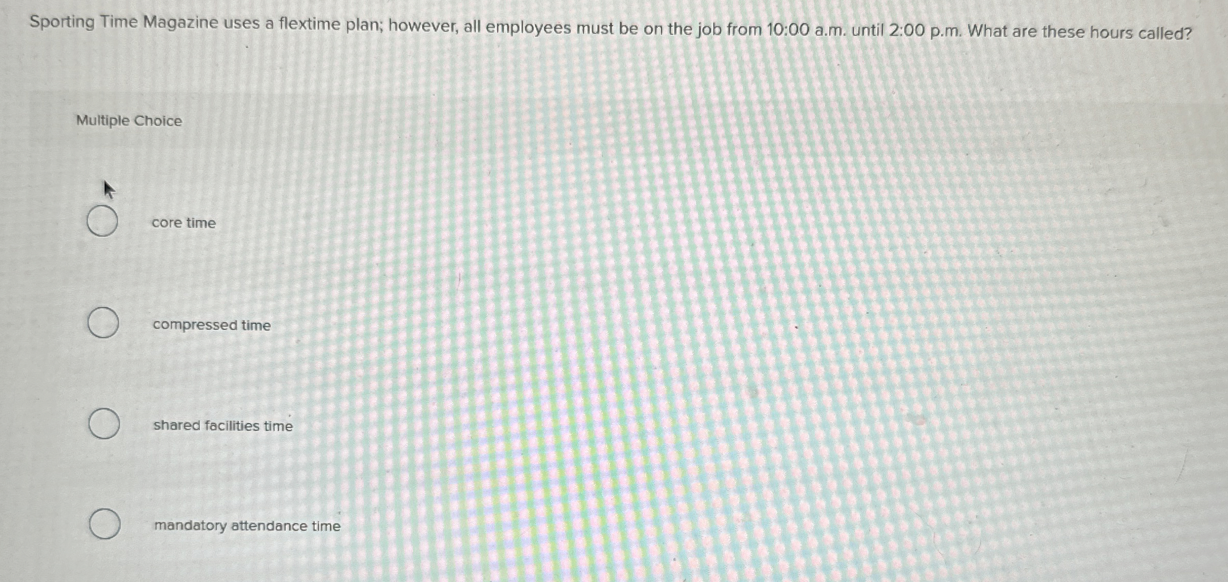  Sporting Time Magazine uses a flextime plan; however, all employees must