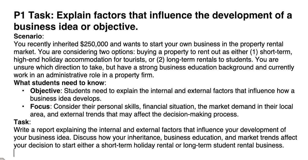  P1 Task: Explain factors that influence the development of a business