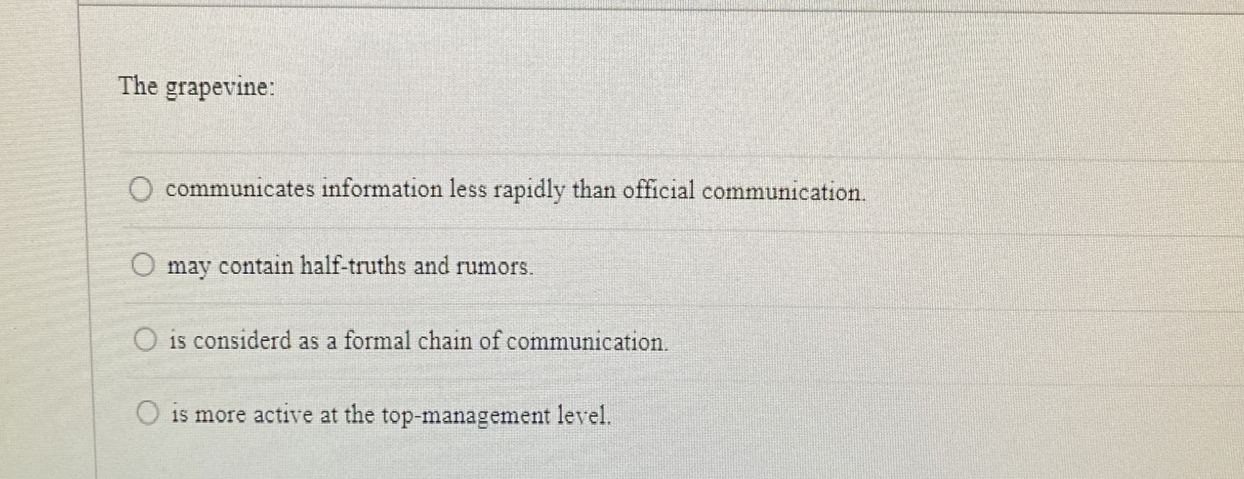  The grapevine: communicates information less rapidly than official communication. may contain