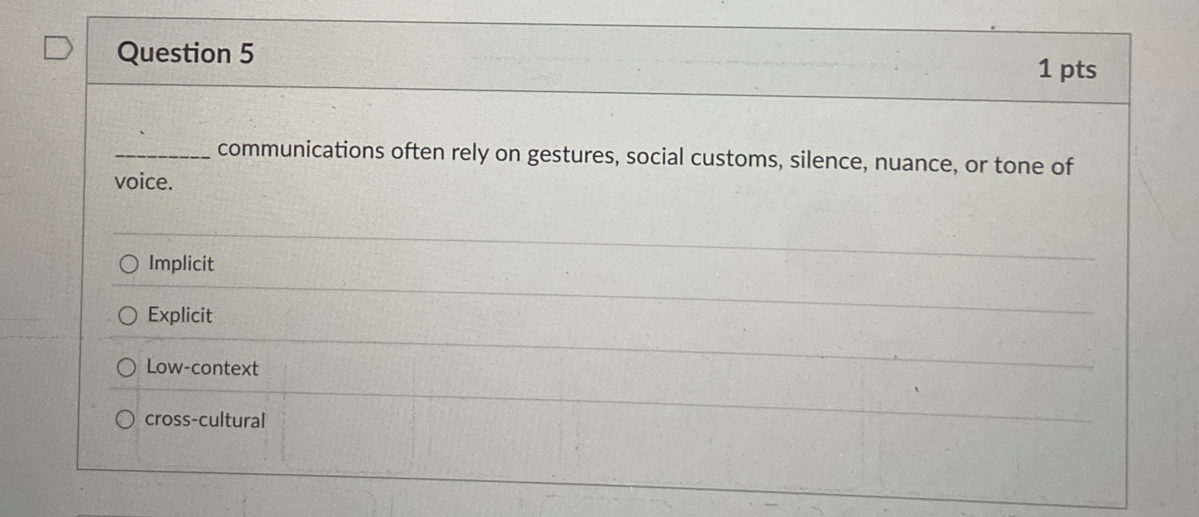  Question 5 communications often rely on gestures, social customs, silence, nuance,