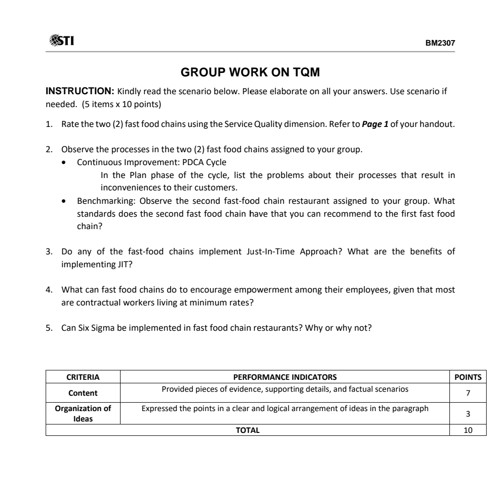  STI BM2307 GROUP WORK ON TQM INSTRUCTION: Kindly read the scenario