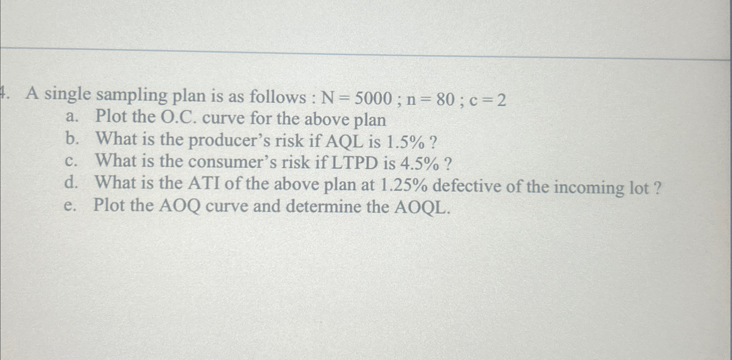  A single sampling plan is as follows : N=5000;n=80;c=2 a. Plot