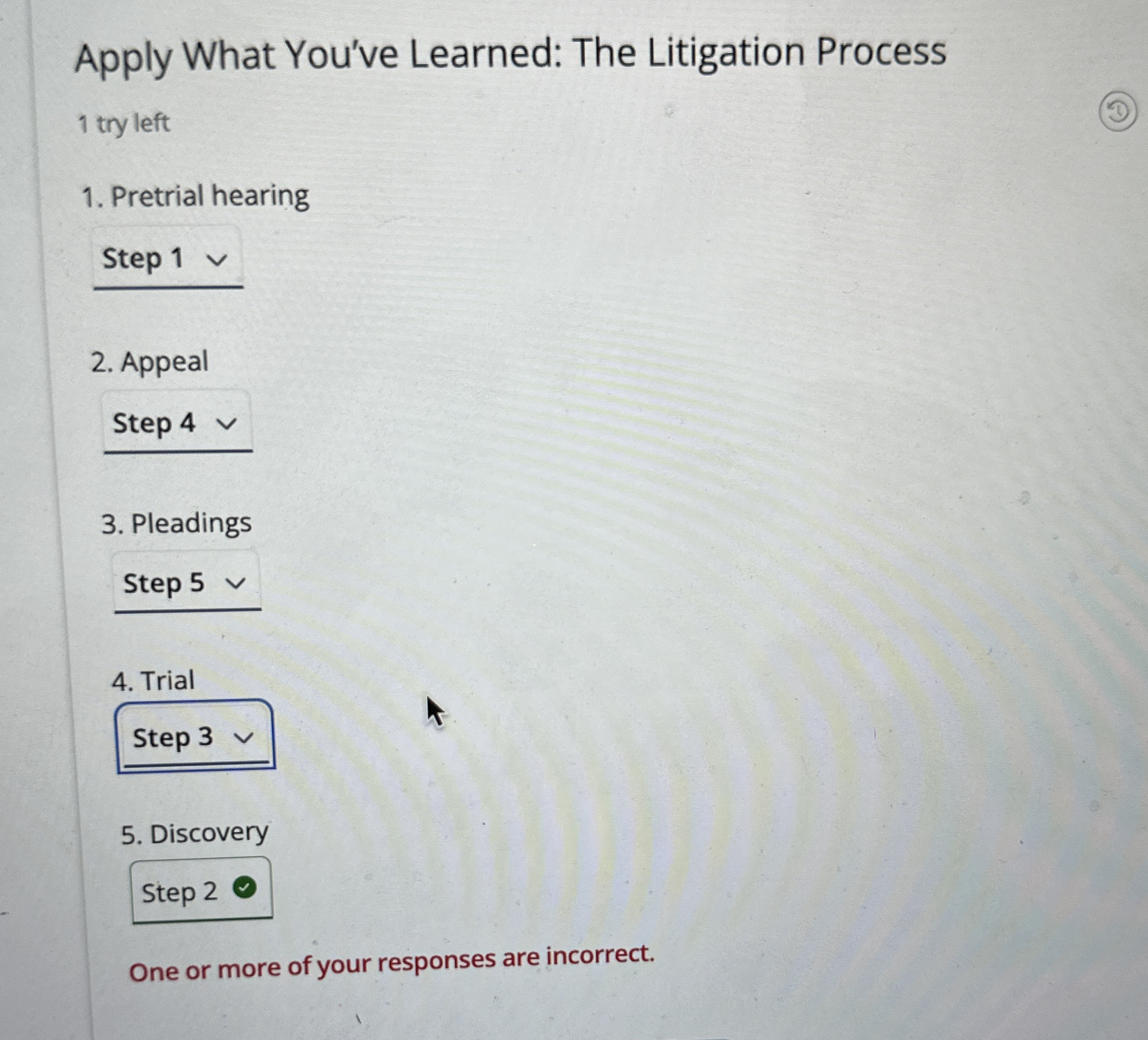  Apply What You've Learned: The Litigation Process 1 tryleft Pretrial hearing