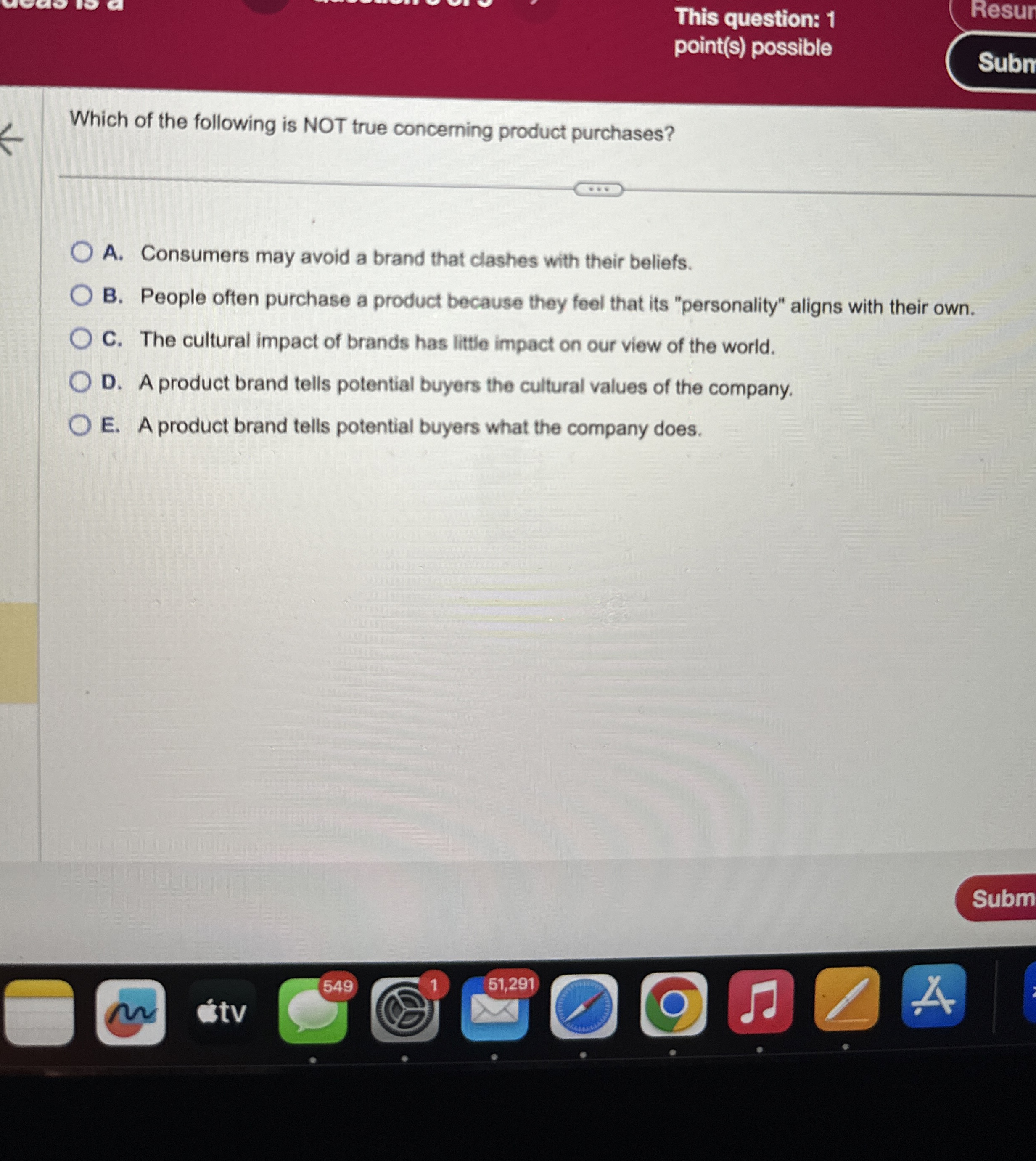  This question: 1 point(s) possible Resur Subn Which of the following